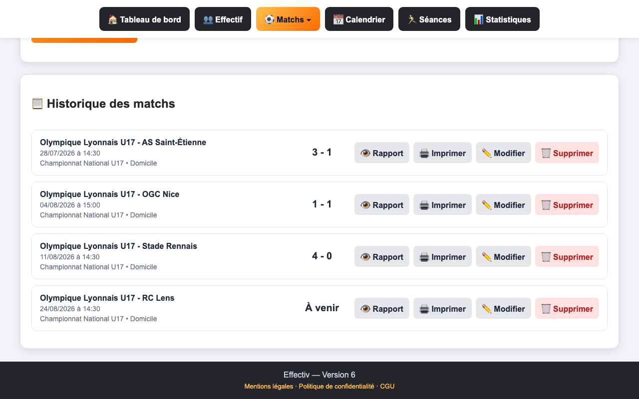 Historique des matchs dans Effectiv
